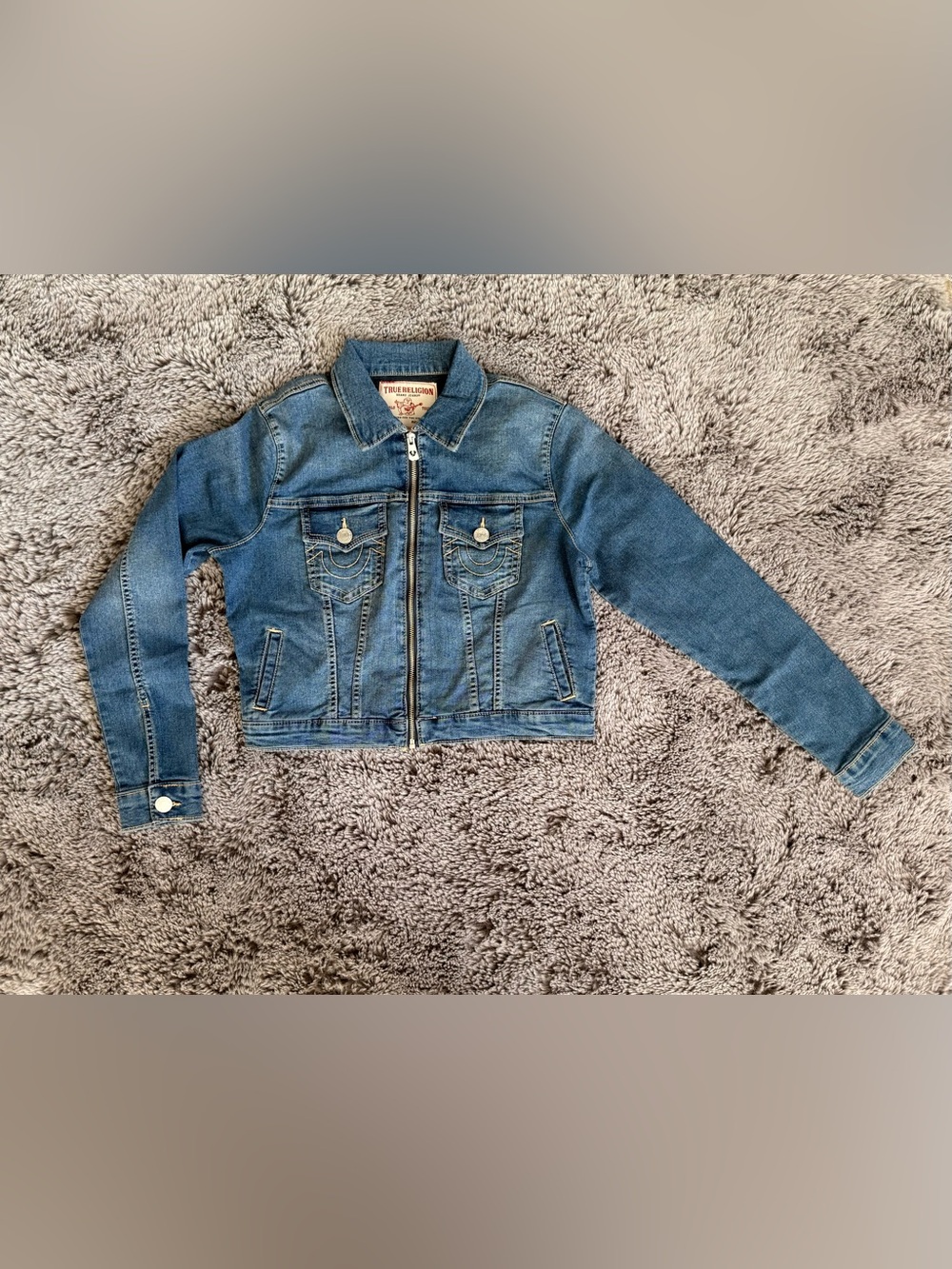 True Religion Medium Blue Denim Zip-Front Jacket